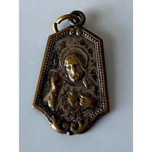 Antique Metal Christ Sacred Heart Medal Jesus Virgo Carmeli Pendant